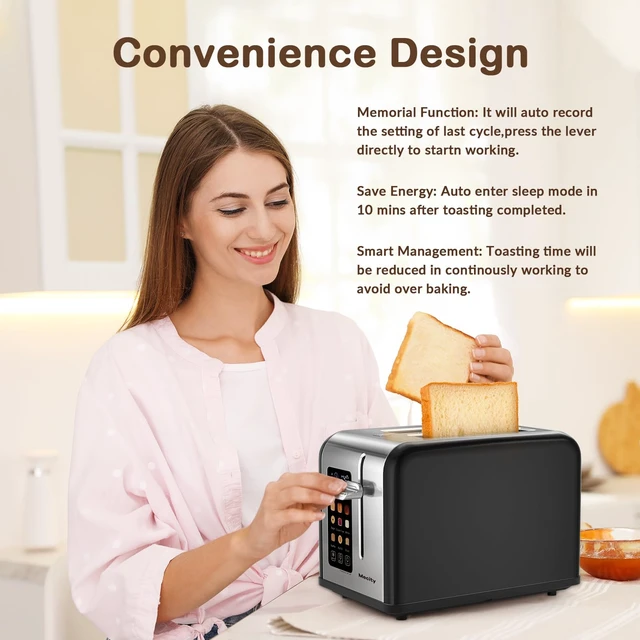 Alt view image 5 of 7 - 2 Slice Touch Screen Toaster, 1.5" Wide Slot, Stainless Steel Smart Toaster for Bagels, Muffins, Waffles, Gluten-Free Breads, Defrost, Reheat, Timer, 120V 825W, Matt Black