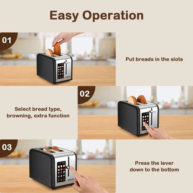Alt view image 6 of 7 - 2 Slice Touch Screen Toaster, 1.5" Wide Slot, Stainless Steel Smart Toaster for Bagels, Muffins, Waffles, Gluten-Free Breads, Defrost, Reheat, Timer, 120V 825W, Matt Black