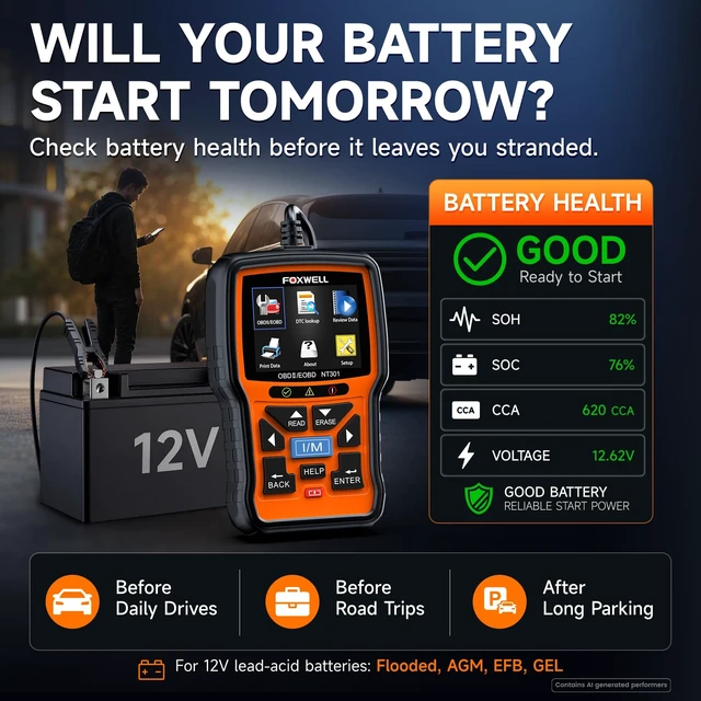 Alt view image 4 of 7 - NT301 Plus 2-in-1 OBD2 Scanner & 12V Car Battery Tester | Check Engine Code Reader, Live Data, Battery Health/Cranking/Charging System Test, Diagnostic Tool for 1996+ OBDII Vehicle