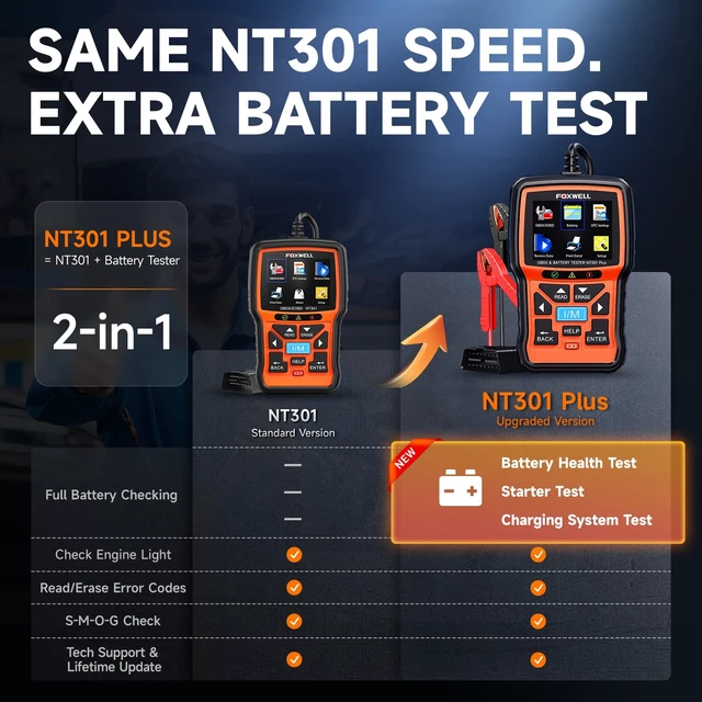 Alt view image 2 of 7 - NT301 Plus 2-in-1 OBD2 Scanner & 12V Car Battery Tester | Check Engine Code Reader, Live Data, Battery Health/Cranking/Charging System Test, Diagnostic Tool for 1996+ OBDII Vehicle
