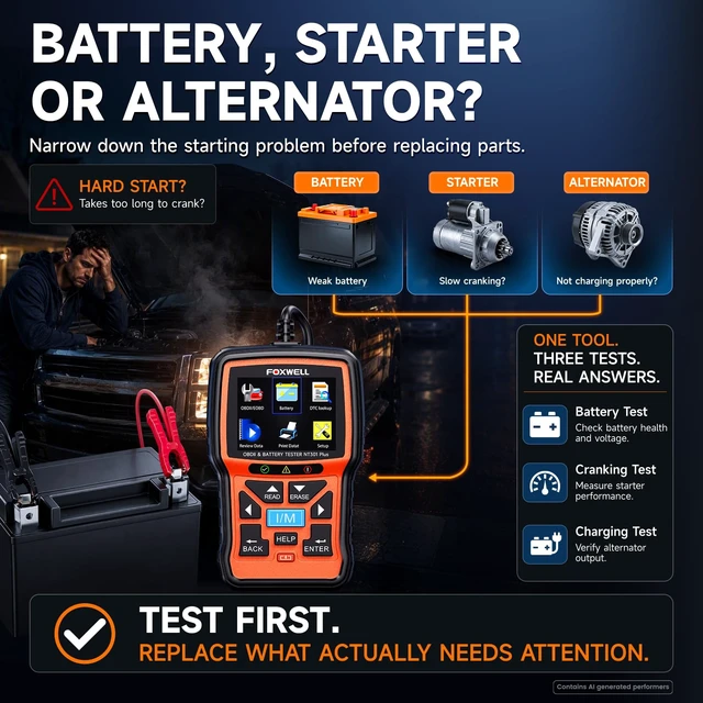 Alt view image 5 of 7 - NT301 Plus 2-in-1 OBD2 Scanner & 12V Car Battery Tester | Check Engine Code Reader, Live Data, Battery Health/Cranking/Charging System Test, Diagnostic Tool for 1996+ OBDII Vehicle