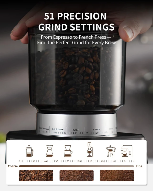 Alt view image 4 of 7 - Conical Burr Espresso Coffee Grinder Electric with Precision Timer 2.0, Touchscreen Adjustable Burr Mill with 51 Precise Settings for Home Use, Anti-static, Stainless Steel