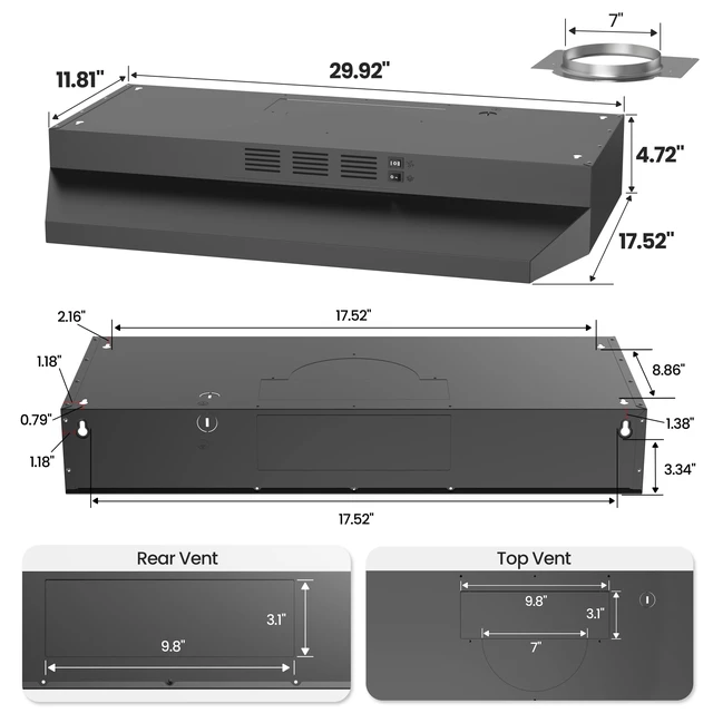 Alt view image 3 of 7 - Range Hood 30 inch, Black Under Cabinet Range Hood, Ductless Range Hood | 300 CFM, 2-Speed Fan, LED Light, Top/Rear Venting, Ducted/Ductless Convertible, Easy to Install