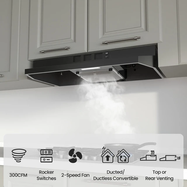 Alt view image 2 of 7 - Range Hood 30 inch, Black Under Cabinet Range Hood, Ductless Range Hood | 300 CFM, 2-Speed Fan, LED Light, Top/Rear Venting, Ducted/Ductless Convertible, Easy to Install