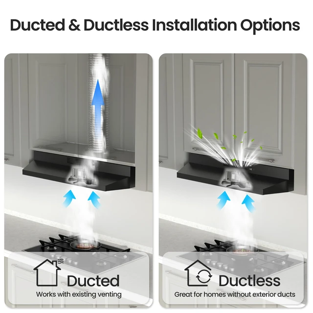 Alt view image 4 of 7 - Range Hood 30 inch, Black Under Cabinet Range Hood, Ductless Range Hood | 300 CFM, 2-Speed Fan, LED Light, Top/Rear Venting, Ducted/Ductless Convertible, Easy to Install