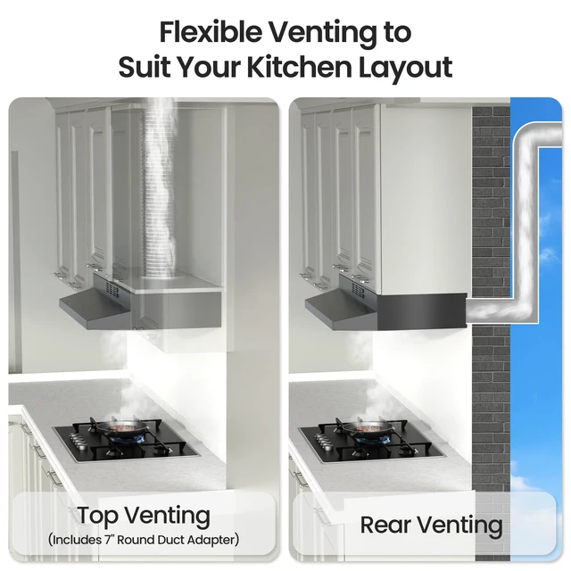 Alt view image 5 of 7 - Range Hood 30 inch, Black Under Cabinet Range Hood, Ductless Range Hood | 300 CFM, 2-Speed Fan, LED Light, Top/Rear Venting, Ducted/Ductless Convertible, Easy to Install