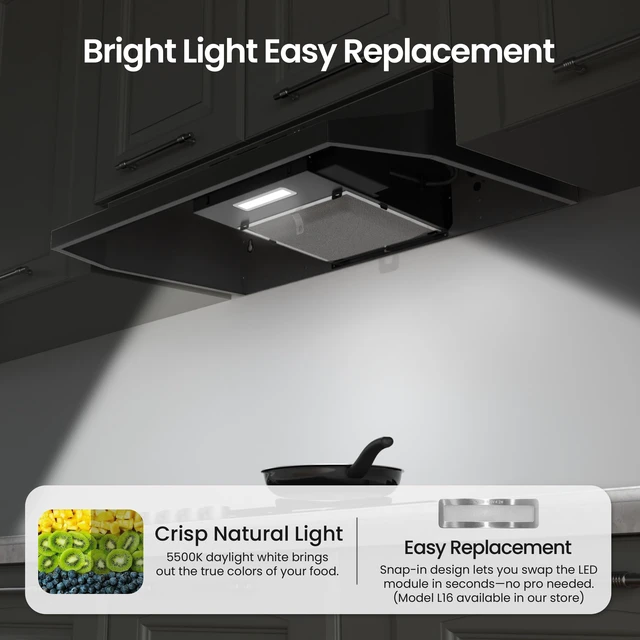 Alt view image 7 of 7 - Range Hood 30 inch, Black Under Cabinet Range Hood, Ductless Range Hood | 300 CFM, 2-Speed Fan, LED Light, Top/Rear Venting, Ducted/Ductless Convertible, Easy to Install