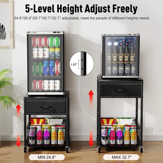 Alt view image 2 of 7 - Mobile Mini Fridge Stand with Storage, Height Adjustable | 200 Lbs Heavy-Duty Fridge Shelf, Extra Storage For Snacks & Drinks, Easy Assembly, Office Dorm & Apartment, Black+Brown