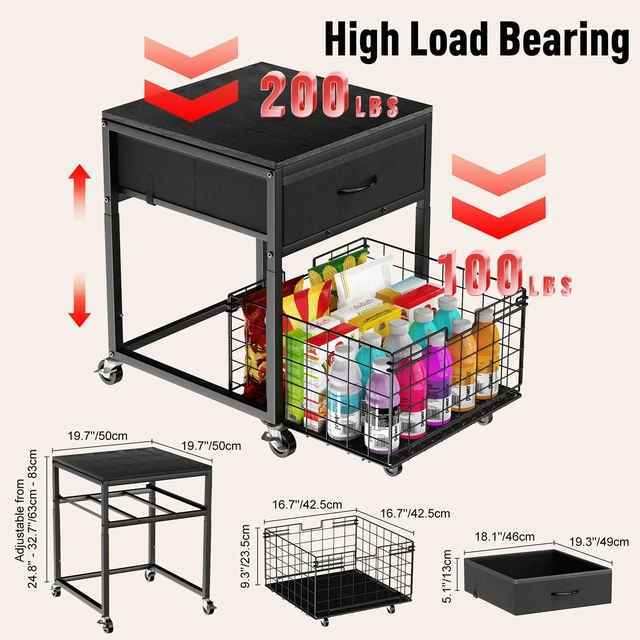 Alt view image 4 of 7 - Mobile Mini Fridge Stand with Storage, Height Adjustable | 200 Lbs Heavy-Duty Fridge Shelf, Extra Storage For Snacks & Drinks, Easy Assembly, Office Dorm & Apartment, Black+Brown