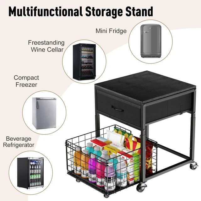 Alt view image 5 of 7 - Mobile Mini Fridge Stand with Storage, Height Adjustable | 200 Lbs Heavy-Duty Fridge Shelf, Extra Storage For Snacks & Drinks, Easy Assembly, Office Dorm & Apartment, Black+Brown