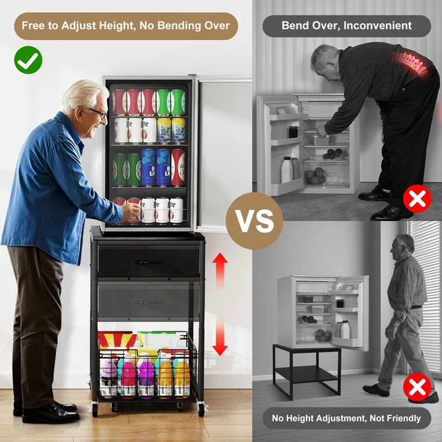 Alt view image 6 of 7 - Mobile Mini Fridge Stand with Storage, Height Adjustable | 200 Lbs Heavy-Duty Fridge Shelf, Extra Storage For Snacks & Drinks, Easy Assembly, Office Dorm & Apartment, Black+Brown