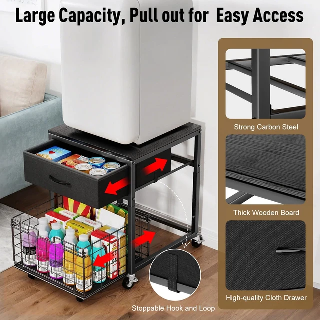 Alt view image 7 of 7 - Mobile Mini Fridge Stand with Storage, Height Adjustable | 200 Lbs Heavy-Duty Fridge Shelf, Extra Storage For Snacks & Drinks, Easy Assembly, Office Dorm & Apartment, Black+Brown