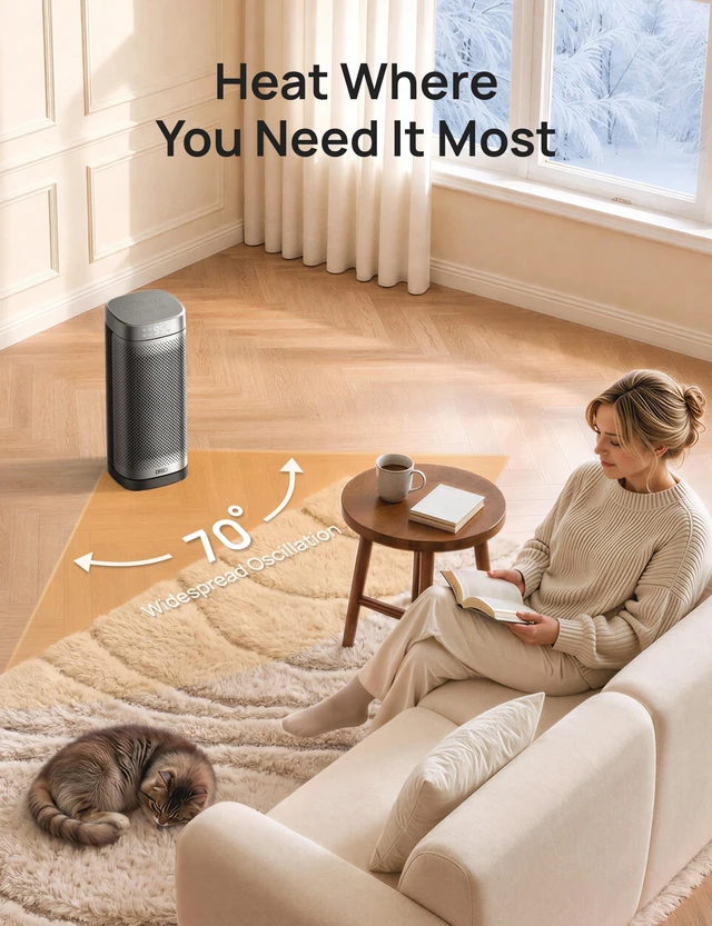 Alt view image 5 of 7 - Space Heaters for Indoor Use, 16 Inch Electric Heater for Large Room | 1500W Fast Heating, Quiet Operation, Remote Control, 12H Timer, ECO Mode, Digital Thermostat and Shield360° Safety