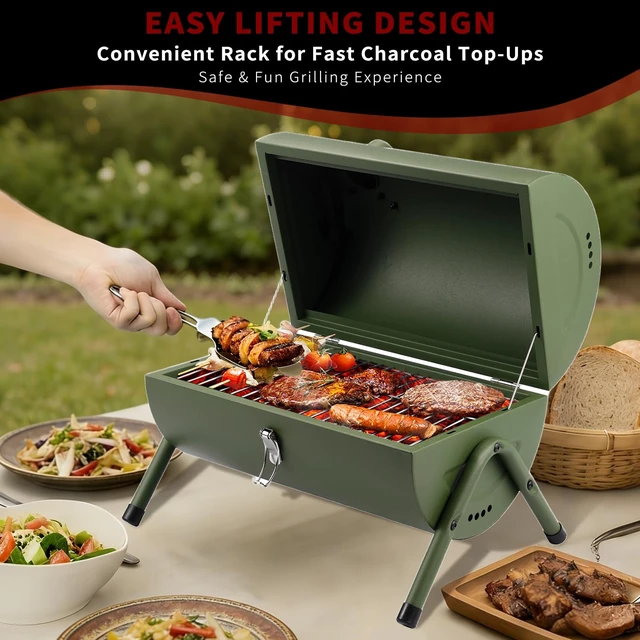 Alt view image 2 of 7 - Charcoal Grill for Outdoor BBQ Smoker Portable Tabletop BBQ Grill,GREEN | Portable Tabletop charcoal grill perfect for Outdoor Cooking backyard gatherings,camping trip,picnics and beach BBQ by