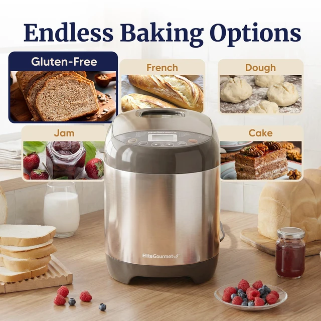 Alt view image 2 of 7 - 2 Lb Programmable Bread Maker, 3 Sizes, 19 Presets, Stainless | Gluten-Free, Dough & Jam, Delay Timer, EBM8103SS