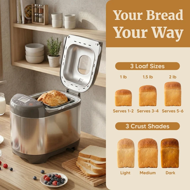 Alt view image 3 of 7 - 2 Lb Programmable Bread Maker, 3 Sizes, 19 Presets, Stainless | Gluten-Free, Dough & Jam, Delay Timer, EBM8103SS
