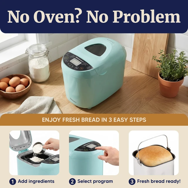 Alt view image 2 of 7 - 2 Lb Programmable Bread Maker, 3 Sizes, 19 Presets, Mint | Gluten-Free, Dough & Jam, Delay Timer, EBM8103M