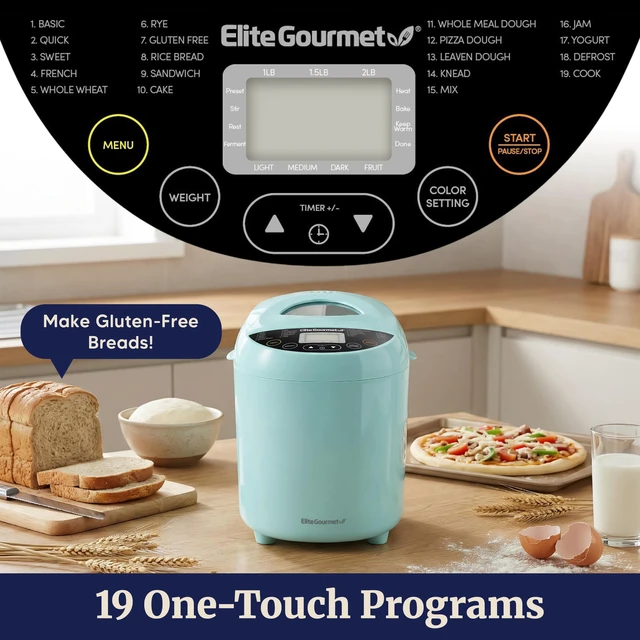 Alt view image 5 of 7 - 2 Lb Programmable Bread Maker, 3 Sizes, 19 Presets, Mint | Gluten-Free, Dough & Jam, Delay Timer, EBM8103M