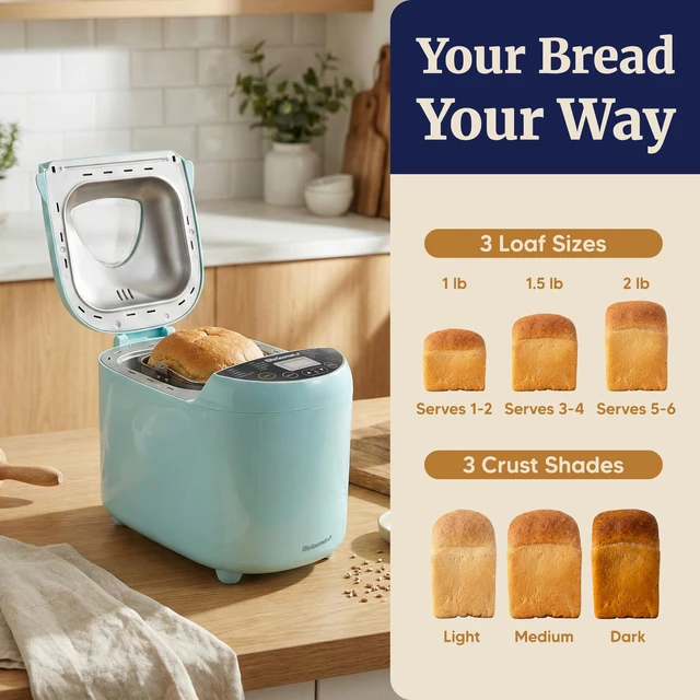 Alt view image 6 of 7 - 2 Lb Programmable Bread Maker, 3 Sizes, 19 Presets, Mint | Gluten-Free, Dough & Jam, Delay Timer, EBM8103M