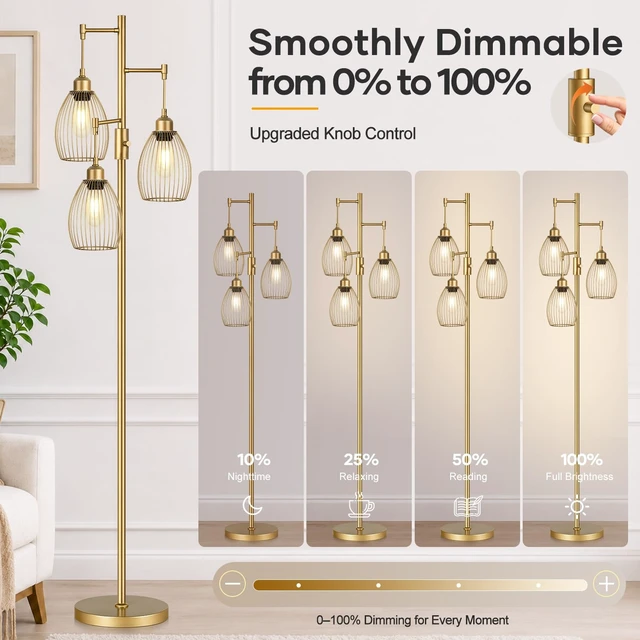 Alt view image 3 of 7 - Dimmable Floor Lamp, Industrial Floor Lamps for Living Room, Gold Tree Lamp Standing Lamp Tall Lamps with 3 Elegant Teardrop Cage Head & 800 Lumens LED Bulbs for Living room Bedroom Office Dining Room