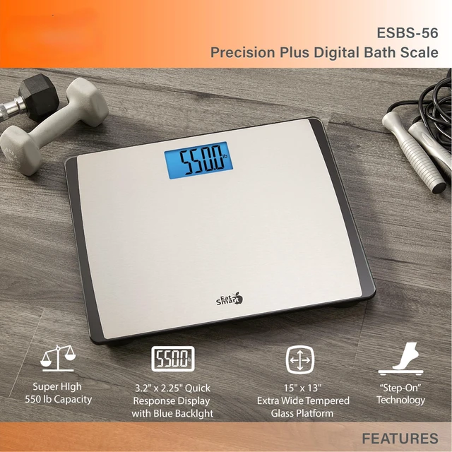 Alt view image 3 of 6 - Glass Digital Bathroom Scale, Large Platform, 550 lb, Silver | Tempered safety glass for stability, backlit display readable from any angle, instant results, low profile modern design