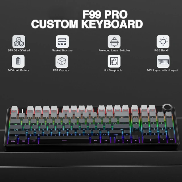 Alt view image 2 of 7 - F99 Pro Wireless Mechanical Keyboard with Number Pad, Knob, 99 Keys | Gasket Structure, Tri-Mode Connection, Hot Swappable, Creamy Sound, RGB Backlit, PBT Keycaps Computer Gaming Keyboards for PC