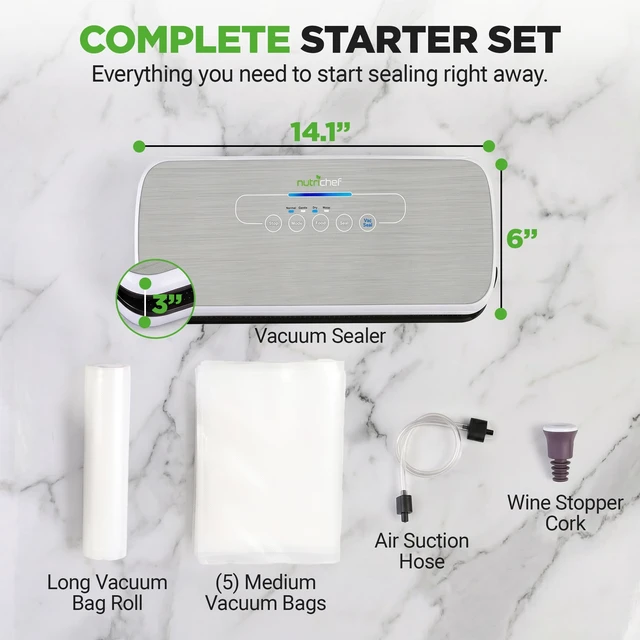 Alt view image 7 of 7 - Food Vacuum Sealer Machine - Automatic Air Sealing System for Dry & Moist Foods, LED Touch Controls, Includes Vacuum Bags, Hose & Wine Stopper, High Suction Power, 14"x6"x3", Silver