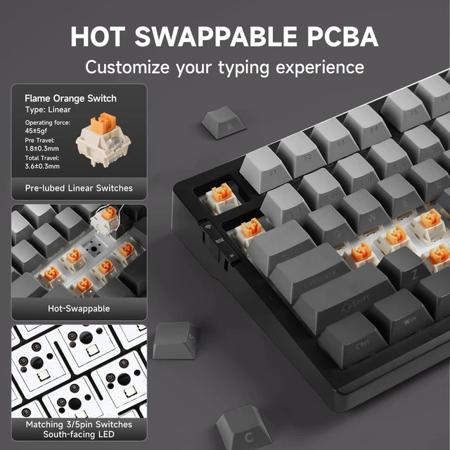 Alt view image 5 of 7 - G98 PRO Wireless Mechanical Keyboard, Tri-Mode Connection Gaming Keyboard, Hot Swappable Custom Gasket Structure, Pre-lubed Linear Switches, Double Shot PBT Keycaps RGB LED Backlit Purple&Black