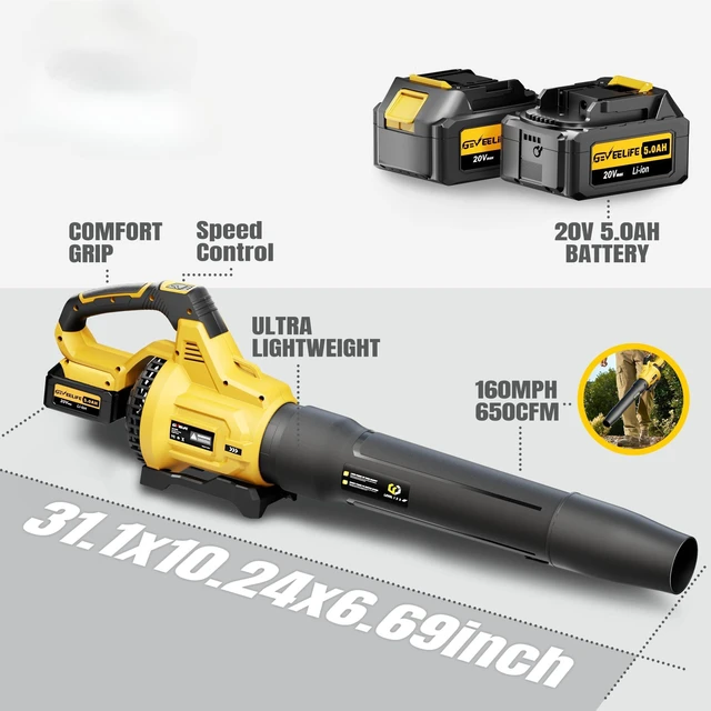 Alt view image 7 of 7 - Leaf Blower Cordless, 650CFM & 3 Speed Levels, Electric Cordless Leaf Blower with 2 * 5.0Ah Battery Powered, Blowers for Lawn Care, Yard, Blowing Leaves, Dust, Snow