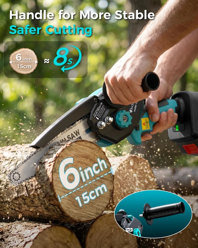 Alt view image 3 of 7 - 8 inch Electric Mini Chainsaw for Wood Cutting, 1000W Brushless Motor | Portable Battery Chain saw with 2 Batteries, Handheld Chain Saw for Pruning Small Trees, Gifts for Men