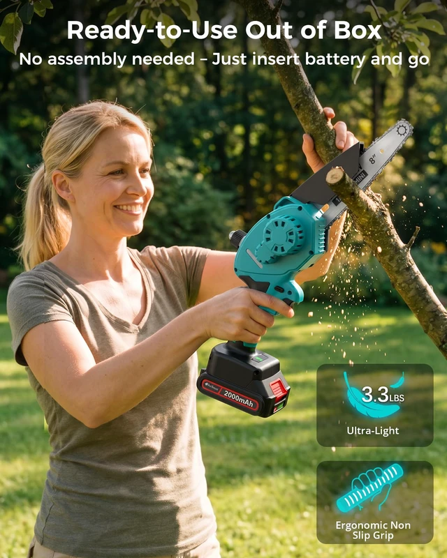 Alt view image 4 of 7 - 8 inch Electric Mini Chainsaw for Wood Cutting, 1000W Brushless Motor | Portable Battery Chain saw with 2 Batteries, Handheld Chain Saw for Pruning Small Trees, Gifts for Men