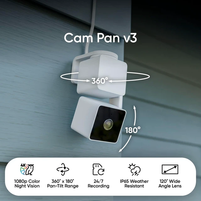 Alt view image 2 of 7 - Cam Pan v3, Indoor/Outdoor Security Camera with 360° Pan/Tilt/Zoom | Vibrant Color Night Vision, IP65-rated, Pan Scan Auto Patrol, 2-way Audio and Privacy Mode, No subscription required.