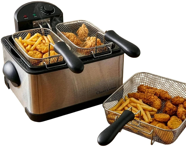 Main image of Deep Fryer, 4L Electric Oil Fryer, Silver, 16x12.5x9 | Stainless-Steel Cooker with 3 Baskets, Cool Touch Features, See-Through Lid and Double Odor Filter Technology