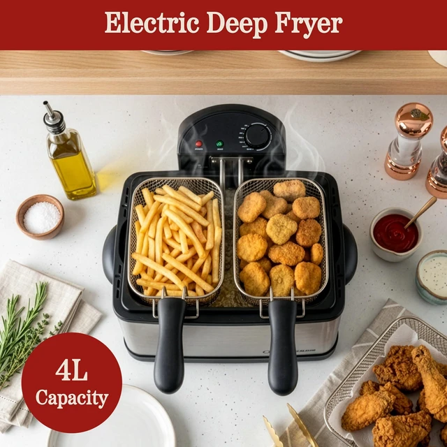 Alt view image 2 of 7 - Deep Fryer, 4L Electric Oil Fryer, Silver, 16x12.5x9 | Stainless-Steel Cooker with 3 Baskets, Cool Touch Features, See-Through Lid and Double Odor Filter Technology