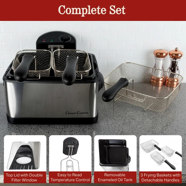 Alt view image 3 of 7 - Deep Fryer, 4L Electric Oil Fryer, Silver, 16x12.5x9 | Stainless-Steel Cooker with 3 Baskets, Cool Touch Features, See-Through Lid and Double Odor Filter Technology