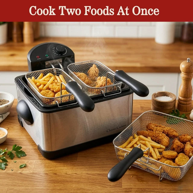 Alt view image 4 of 7 - Deep Fryer, 4L Electric Oil Fryer, Silver, 16x12.5x9 | Stainless-Steel Cooker with 3 Baskets, Cool Touch Features, See-Through Lid and Double Odor Filter Technology