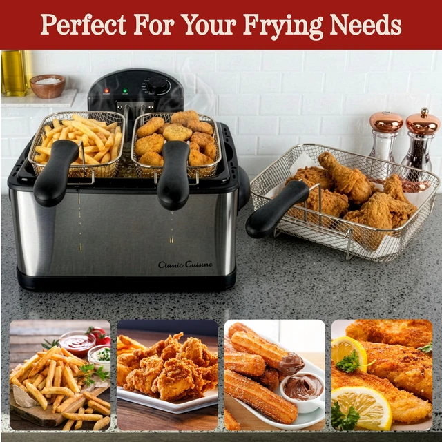 Alt view image 6 of 7 - Deep Fryer, 4L Electric Oil Fryer, Silver, 16x12.5x9 | Stainless-Steel Cooker with 3 Baskets, Cool Touch Features, See-Through Lid and Double Odor Filter Technology