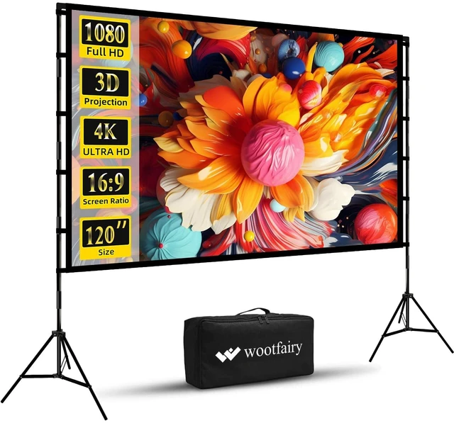 Main image of 120inch Projector Screen and Stand Indoor Outdoor Movie Screen | Portable Washable Foldable Wrinkle-Free 16:9 4K HD Rear Front Projection with Carry Bag for Home Theater Backyard Watch Party