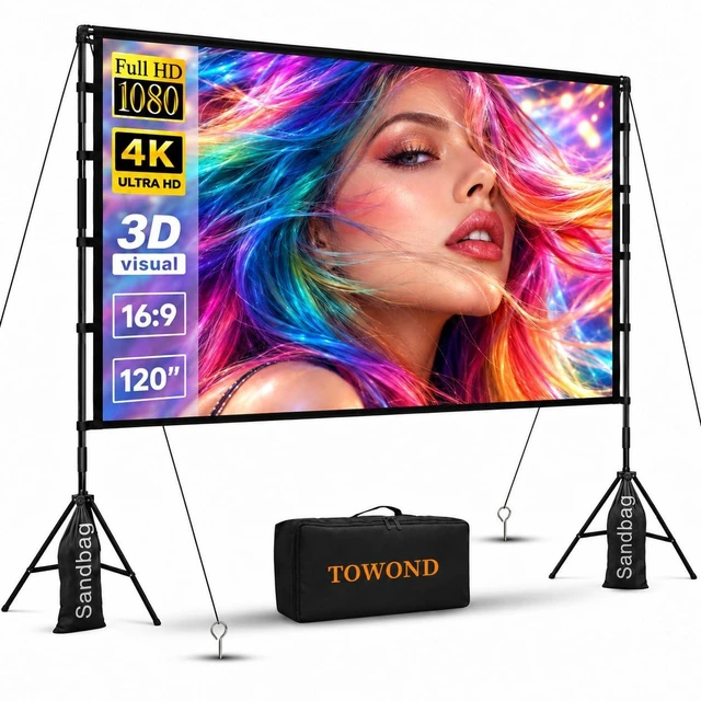Main image of 120 inch Projector Screen with Stand, 4K HD 16:9 Foldable Anti-Crease Indoor Outdoor Movie Screen, Portable Projection Screen for Backyard Theater, Camping, and Sports Viewing Parties