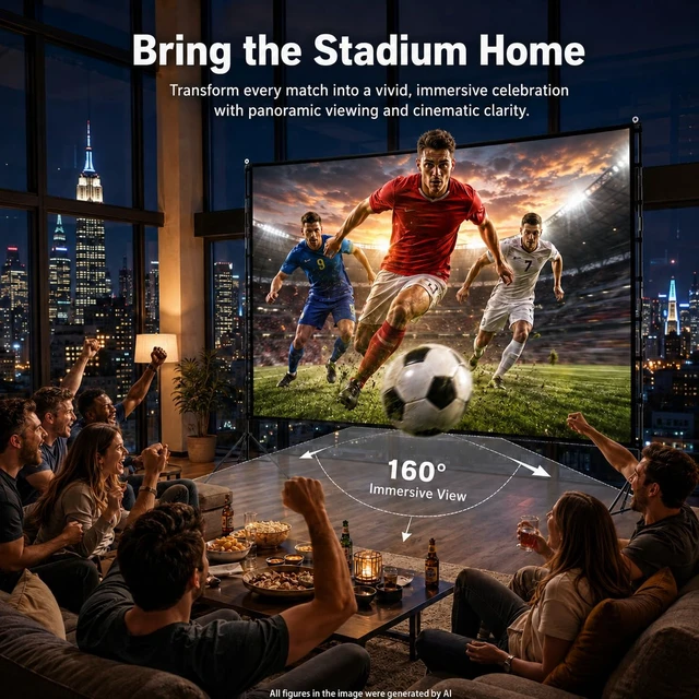 Alt view image 2 of 7 - 120 inch Projector Screen with Stand, 4K HD 16:9 Foldable Anti-Crease Indoor Outdoor Movie Screen, Portable Projection Screen for Backyard Theater, Camping, and Sports Viewing Parties