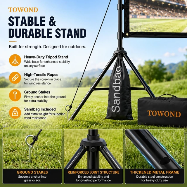 Alt view image 4 of 7 - 120 inch Projector Screen with Stand, 4K HD 16:9 Foldable Anti-Crease Indoor Outdoor Movie Screen, Portable Projection Screen for Backyard Theater, Camping, and Sports Viewing Parties