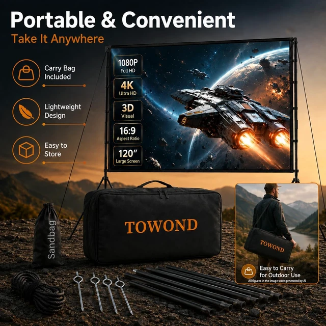 Alt view image 5 of 7 - 120 inch Projector Screen with Stand, 4K HD 16:9 Foldable Anti-Crease Indoor Outdoor Movie Screen, Portable Projection Screen for Backyard Theater, Camping, and Sports Viewing Parties