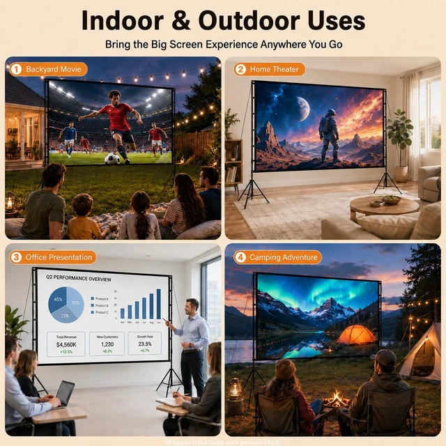 Alt view image 7 of 7 - 120 inch Projector Screen with Stand, 4K HD 16:9 Foldable Anti-Crease Indoor Outdoor Movie Screen, Portable Projection Screen for Backyard Theater, Camping, and Sports Viewing Parties