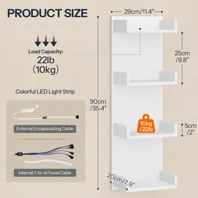 Alt view image 4 of 7 - Floating Wall Shelves with LED Lights, Floating Shelf Wall Mounted | White Wall Shelf for Storage, Vertical Display Stand, Modern Column Rack, for Bedroom, Livingroom, 4-Tier, 35.4 Inches