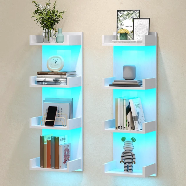 Alt view image 7 of 7 - Floating Wall Shelves with LED Lights, Floating Shelf Wall Mounted | White Wall Shelf for Storage, Vertical Display Stand, Modern Column Rack, for Bedroom, Livingroom, 4-Tier, 35.4 Inches