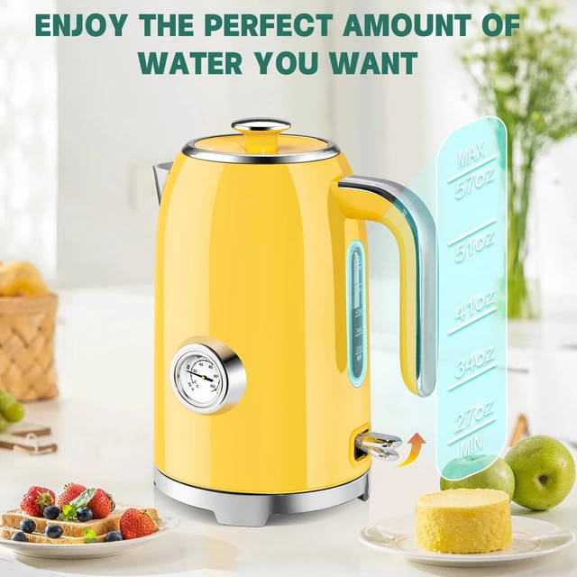 Alt view image 5 of 7 - 57oz Electric Kettle with Thermometer, Hot Water Pot, Retro Yellow | Electric Tea Kettle for Boiling Water, 1500W Stainless Steel Pot, Cordless LED Indicator, Auto Shut-Off & Boil Dry Protection