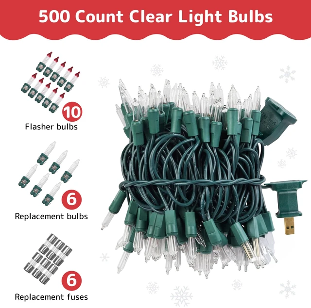 Alt view image 5 of 7 - 500 Count Clear Christmas Tree Lights with Green Wire - 100 ft Warm White Twinkle Lights for Indoor or Outdoor Use - Holiday Fairy String Lights for Christmas Trees or Patios