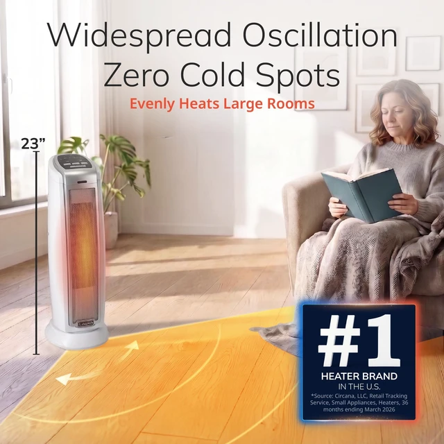 Alt view image 2 of 7 - Oscillating Ceramic Tower Space Heater - 23 - 5775 - White | For Home, Thermostat, Built-In Handle, 7-Hour Auto Off Timer, Cool Touch Housing, Overheat Protection, Timer, 1500W