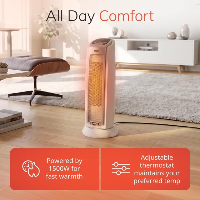 Alt view image 4 of 7 - Oscillating Ceramic Tower Space Heater - 23 - 5775 - White | For Home, Thermostat, Built-In Handle, 7-Hour Auto Off Timer, Cool Touch Housing, Overheat Protection, Timer, 1500W