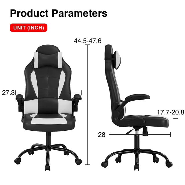 Alt view image 3 of 7 - Ergonomic Gaming Chair for Adults, Office Desk Chair, White | High back PU leather gaming chair with lumbar support, adjustable headrest, flip-up arms, rocking tilt and 250 lb capacity